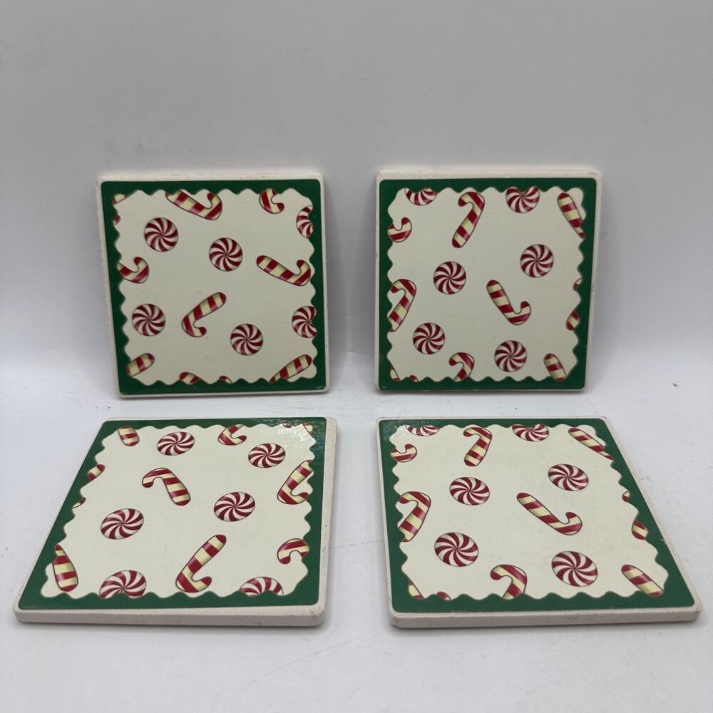Set Of 4 Vintage Ceramic Tile Coasters With Candy Cane & Peppermint Design